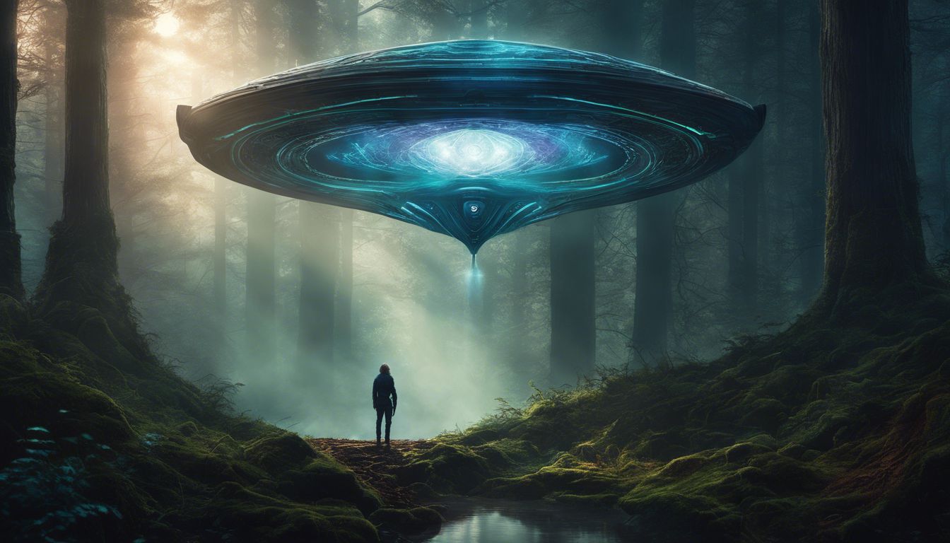 A person marvels at a glowing alien spaceship in a dark forest.