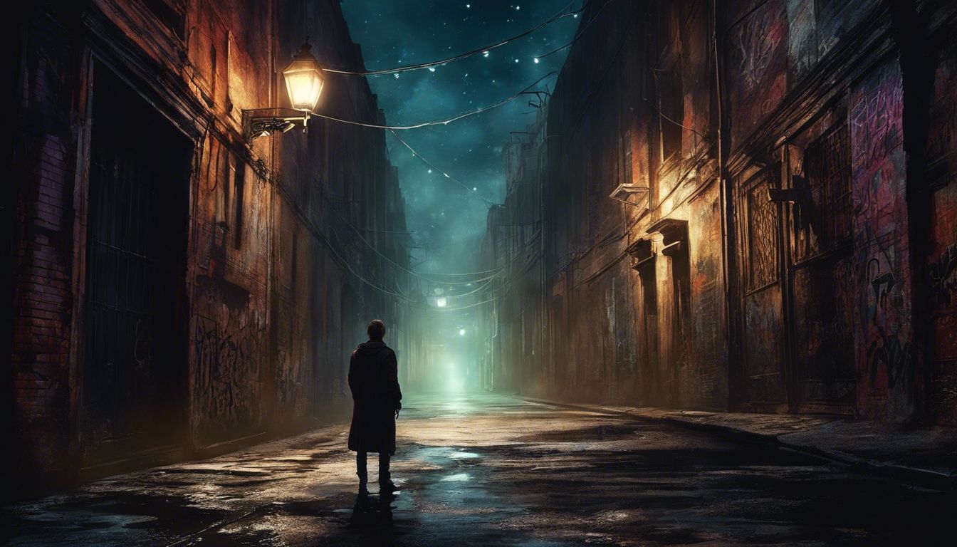 A person standing alone in a desolate urban alley at night.