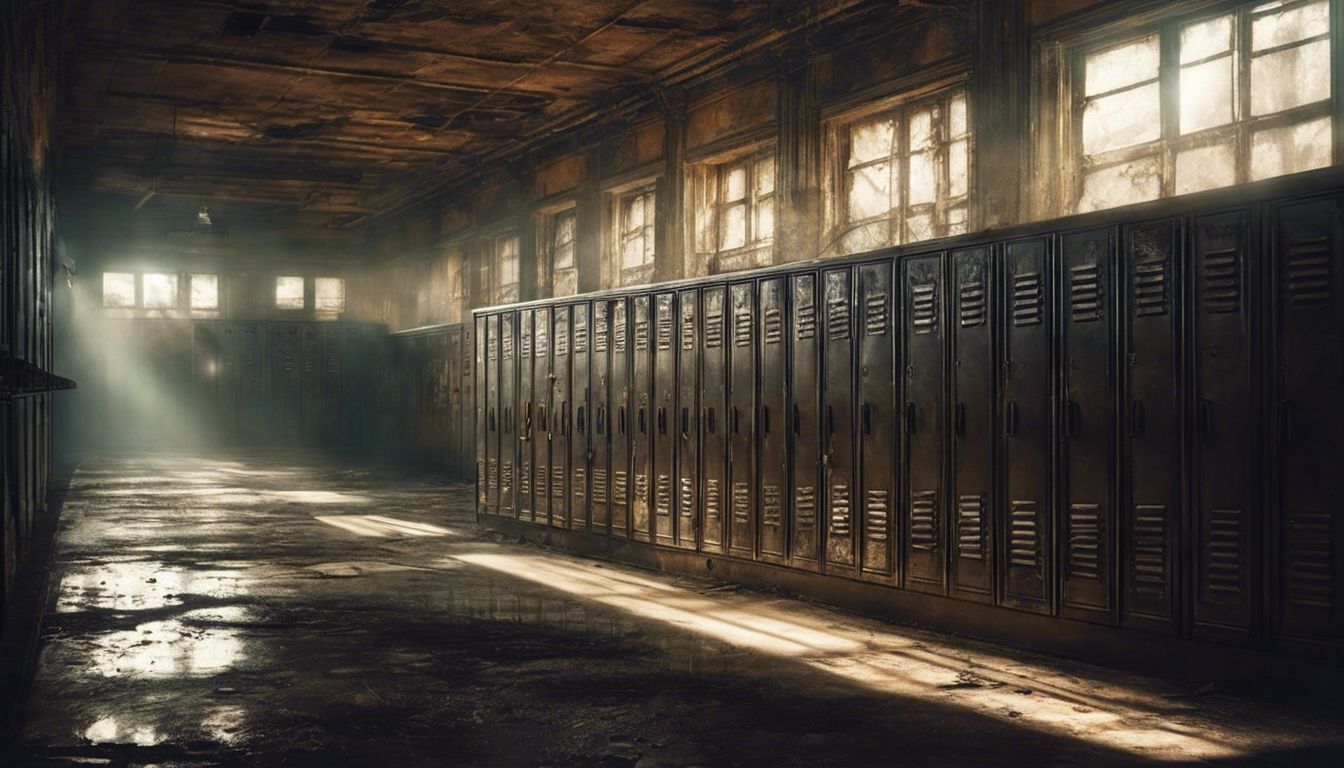 An abandoned school hallway with empty lockers and flickering lights.