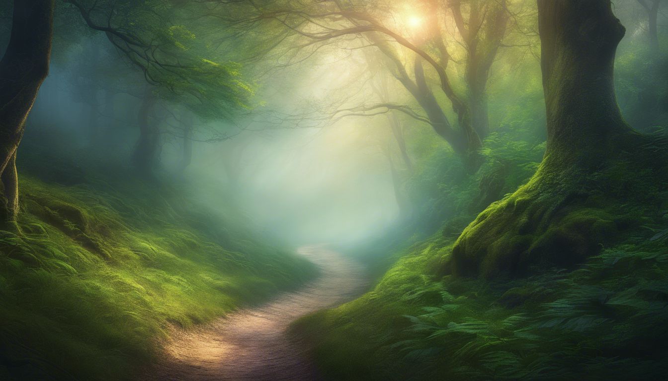 A misty forest with a winding path, showcasing vibrant greenery.