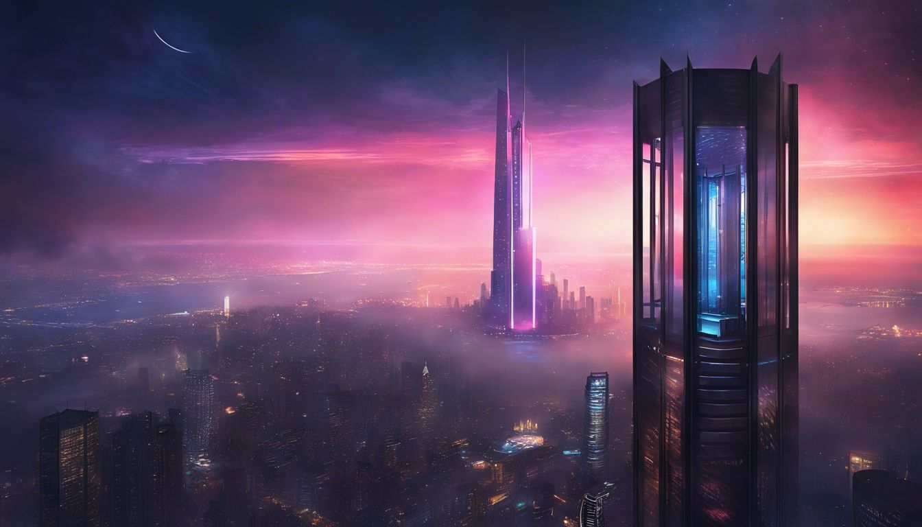 An elevator rises through a neon-lit futuristic city at night.