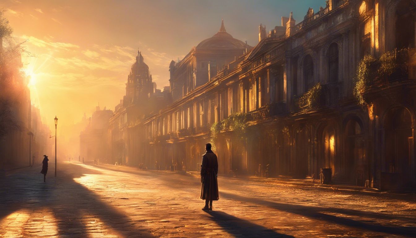 A person standing alone in a quiet city at sunrise.
