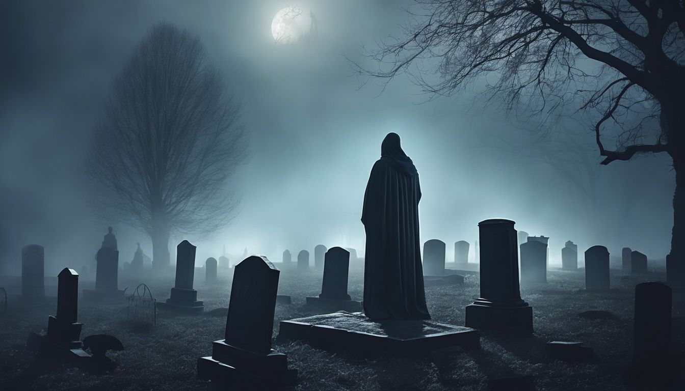 A person stands alone in a foggy graveyard, surrounded by gravestones.