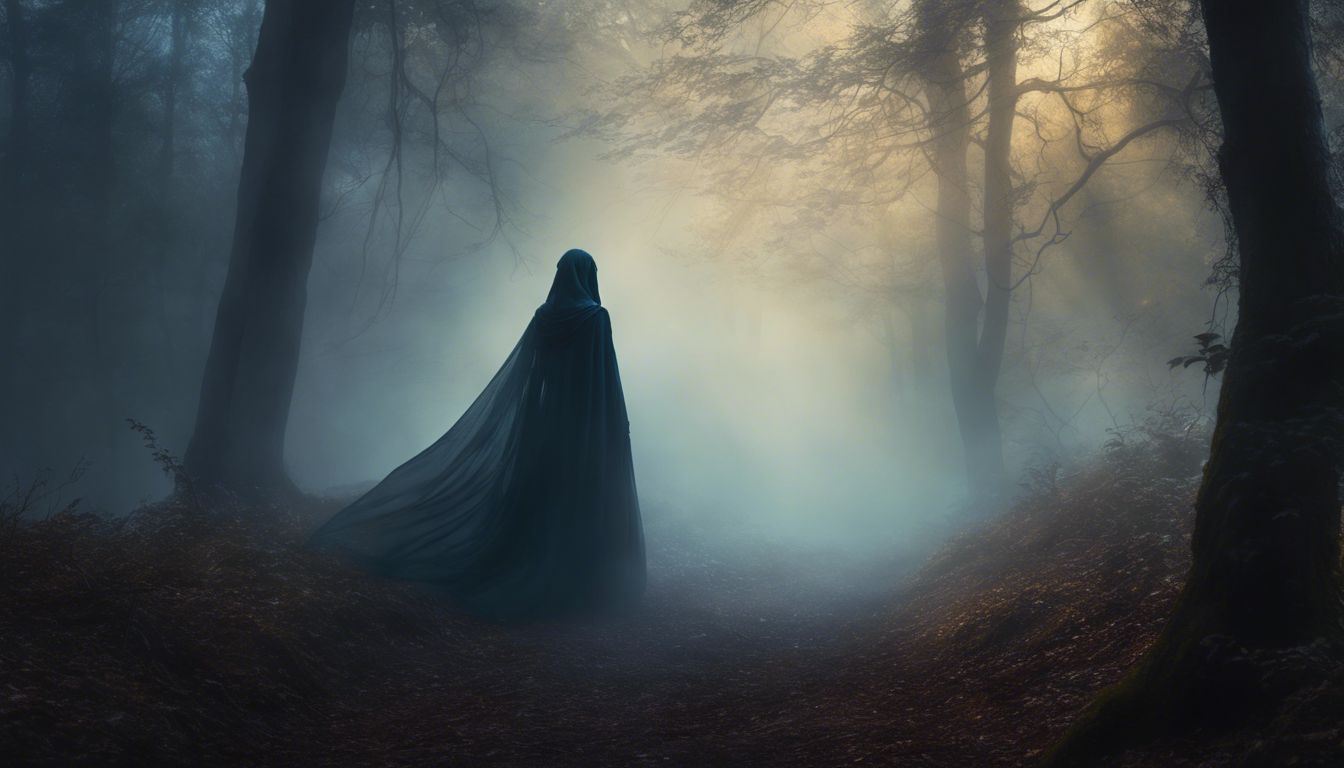 A mysterious figure moves through a misty, eerie forest.