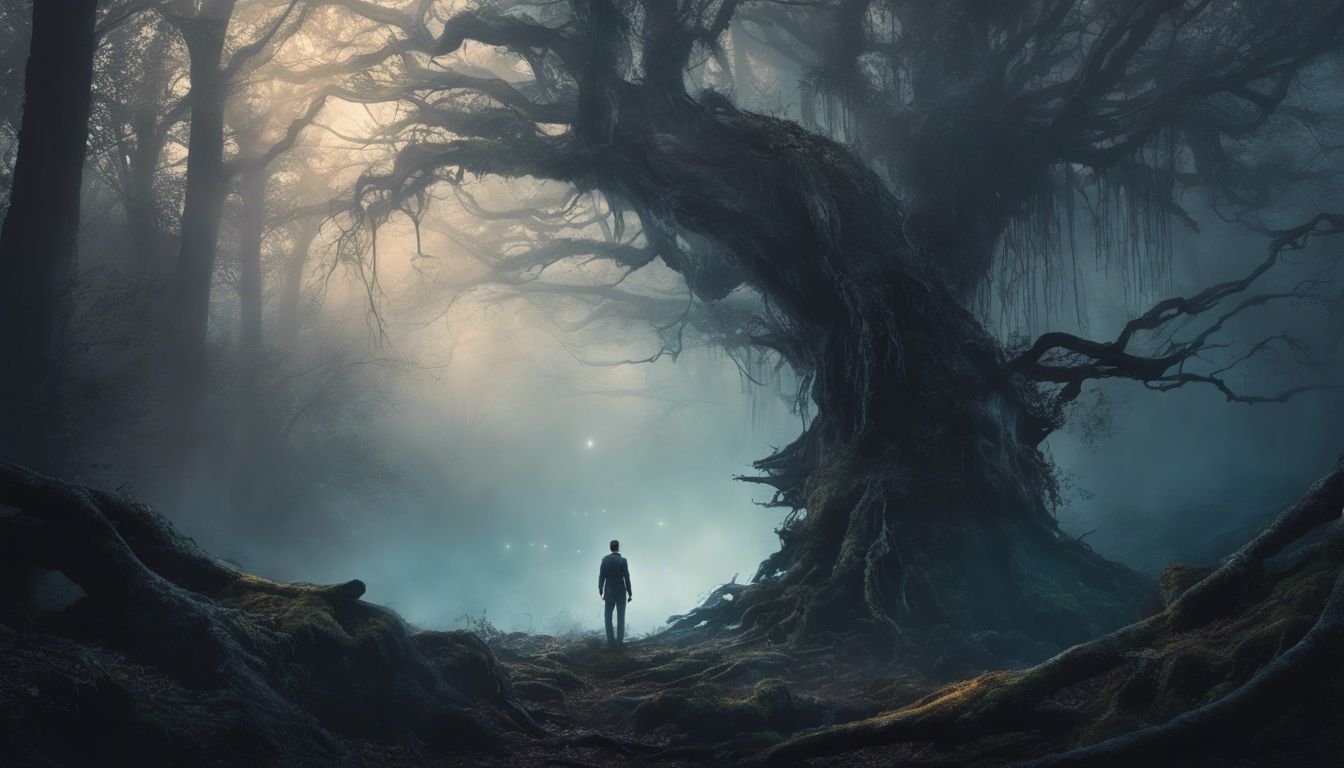 A person standing alone in a dark, eerie forest.
