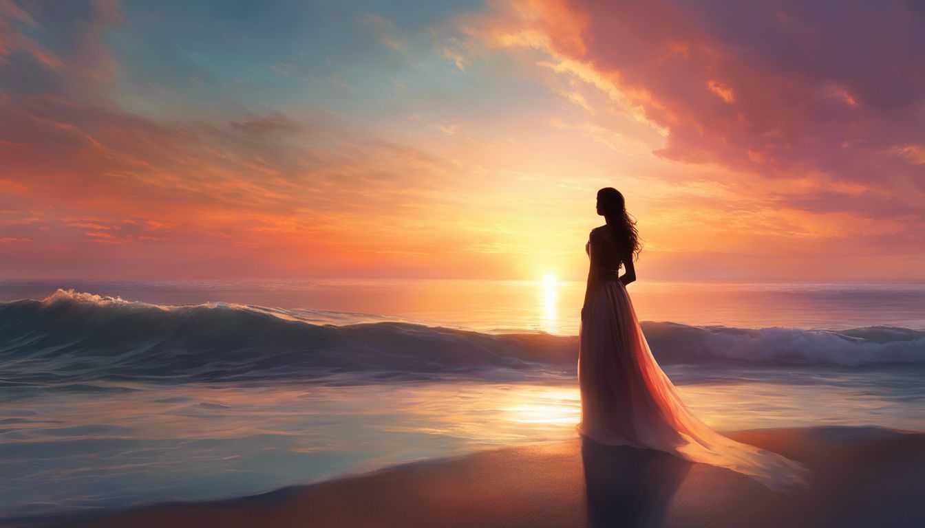 A person standing by a calm ocean at sunrise, surrounded by serenity.