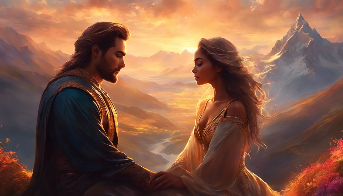 'A couple embraces on a mountain peak at sunset, surrounded by nature.'