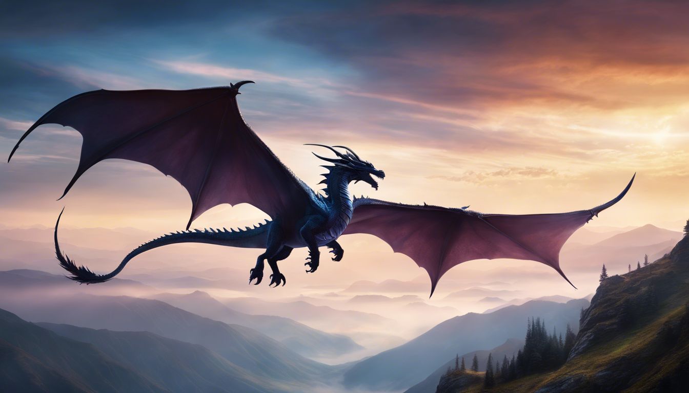 A majestic dragon flies over a serene mountain landscape.