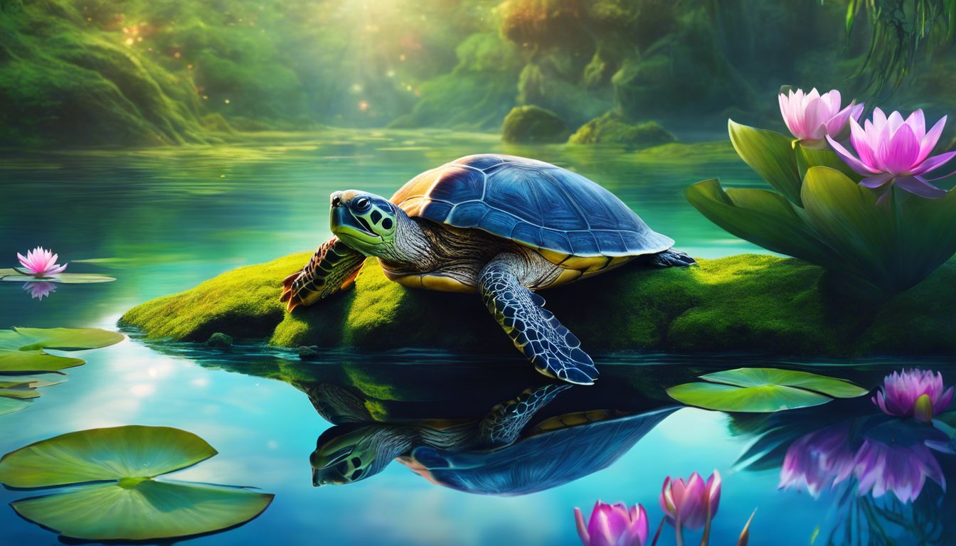 A tranquil turtle rests on a mossy rock in a calm pond.