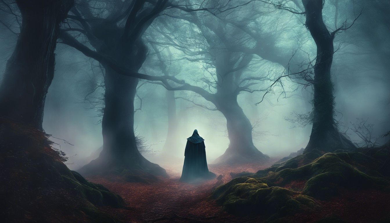 A spooky forest with eerie fog and mysterious silhouettes.