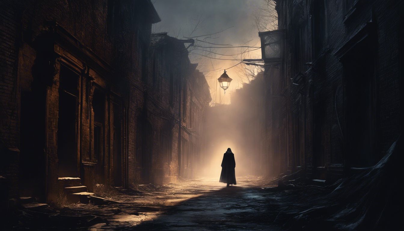 A person standing in an eerie, abandoned alley surrounded by haunting shadows.