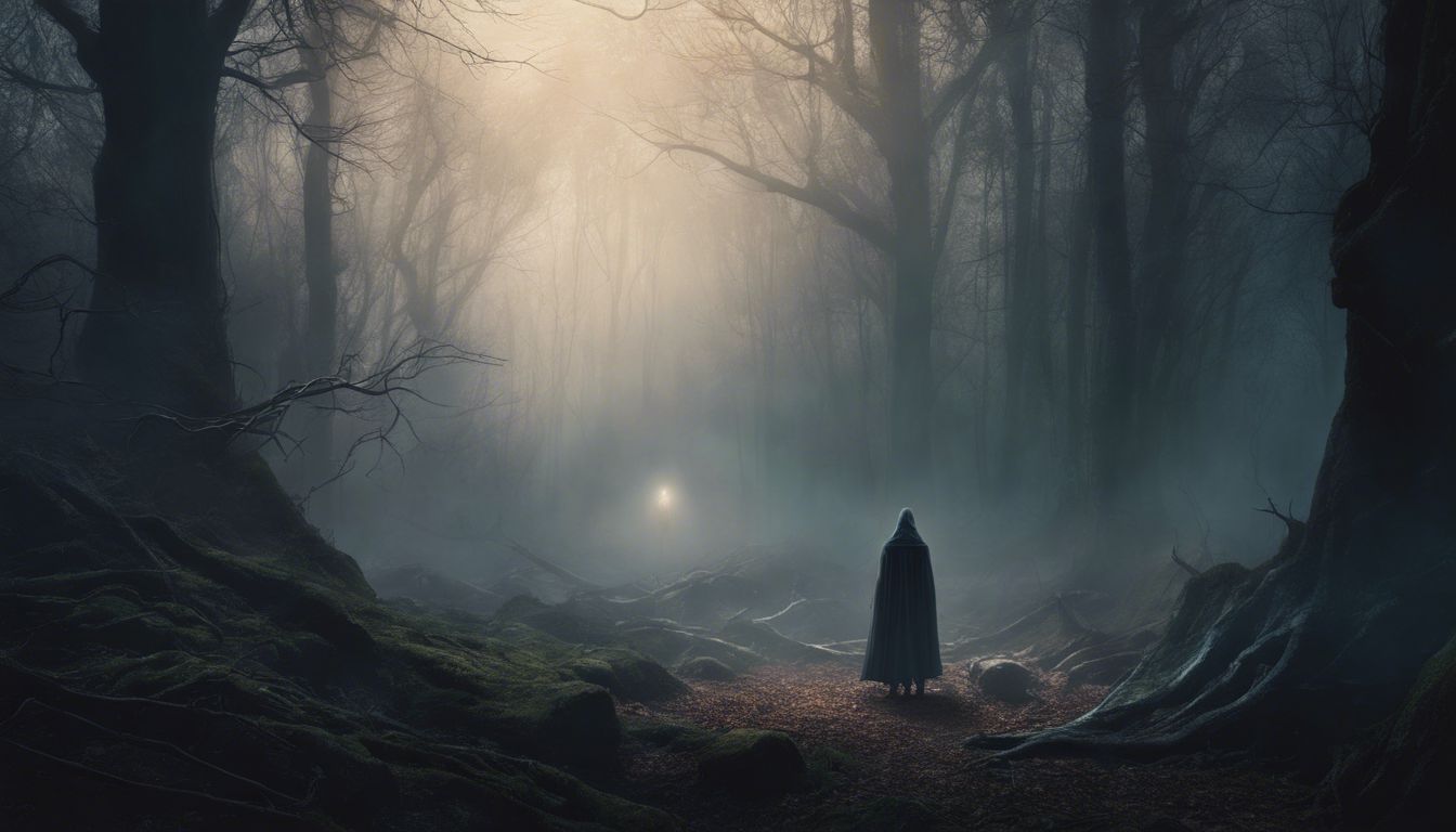 A person stands alone in a dark, eerie forest, surrounded by shadows.