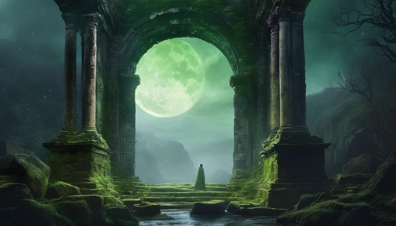 A person standing in ancient ruins under moonlight.