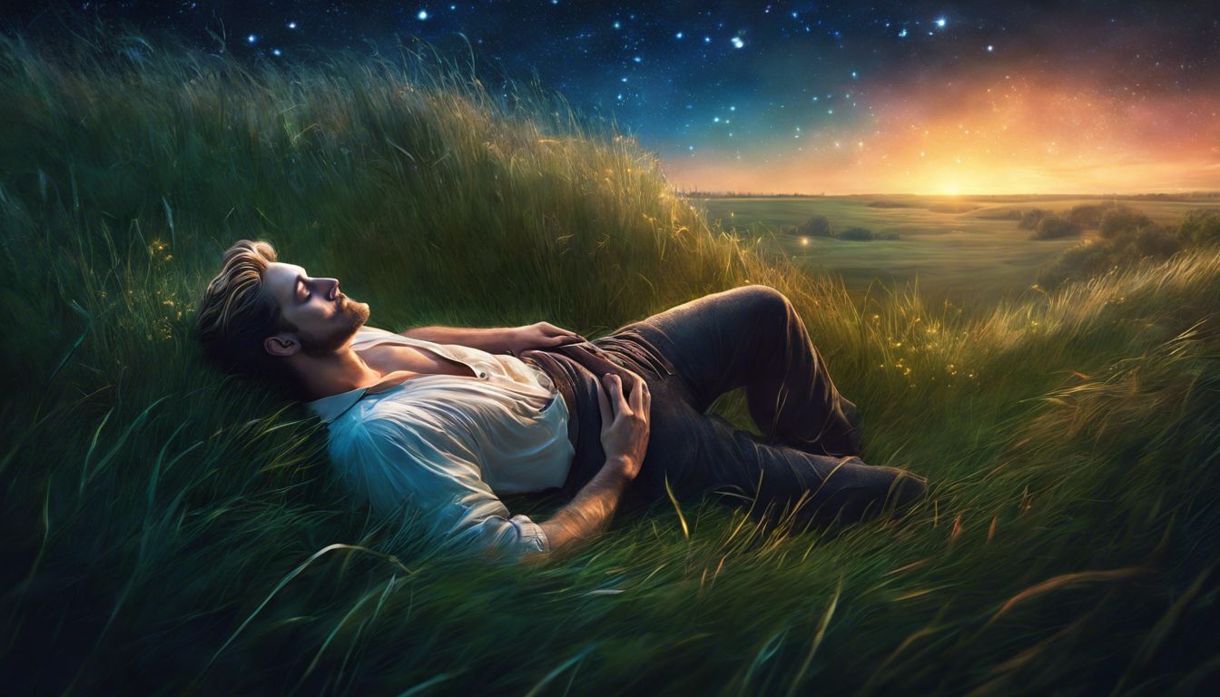 A man peacefully lying in a field under the stars, contemplating.