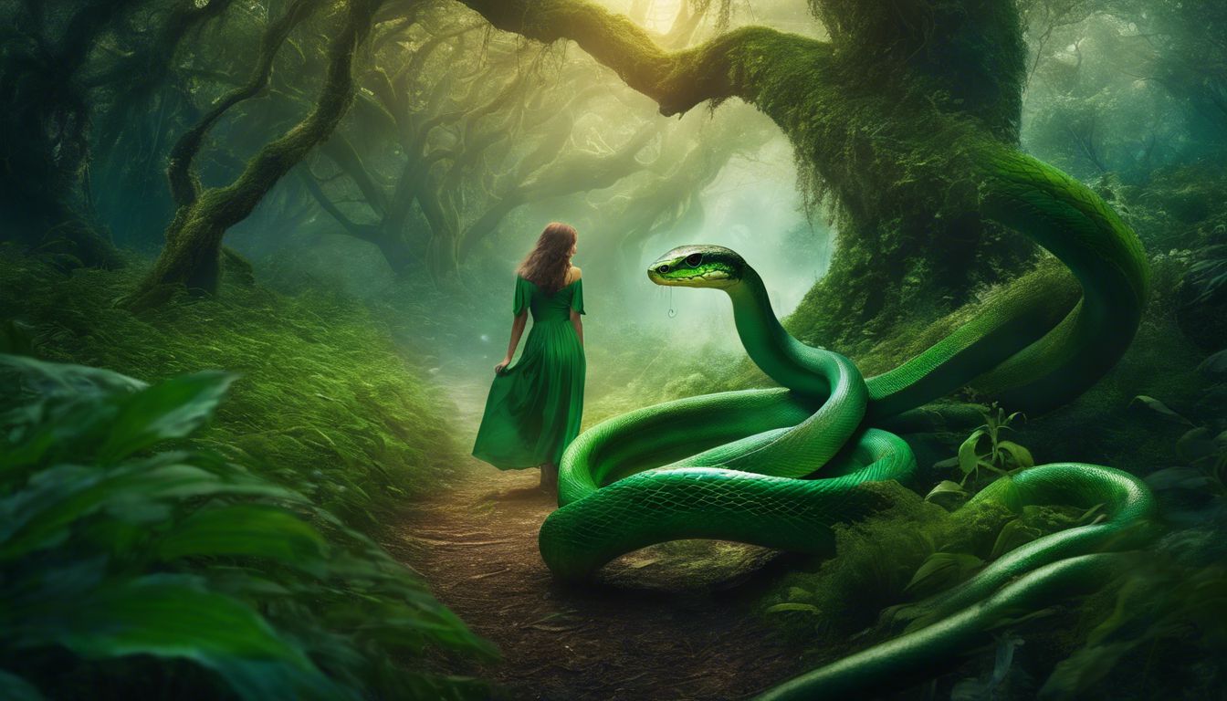 A woman encounters a snake in a mystical forest.