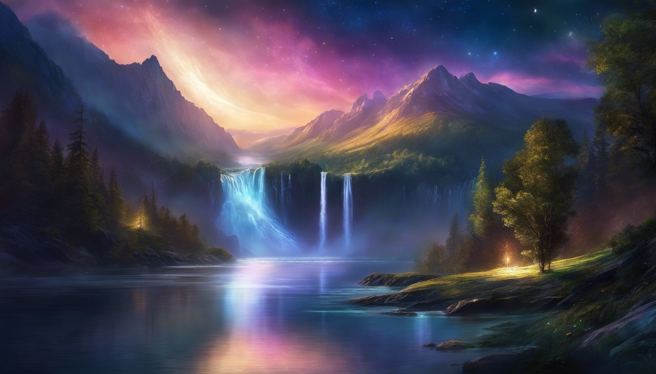 A picturesque nighttime scene of a moonlit waterfall and serene lake.