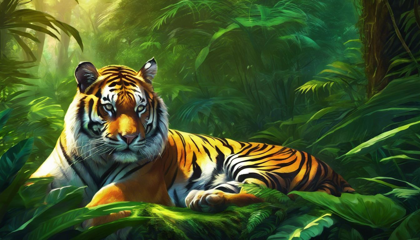 A tiger peacefully rests in a lush jungle surrounded by foliage.
