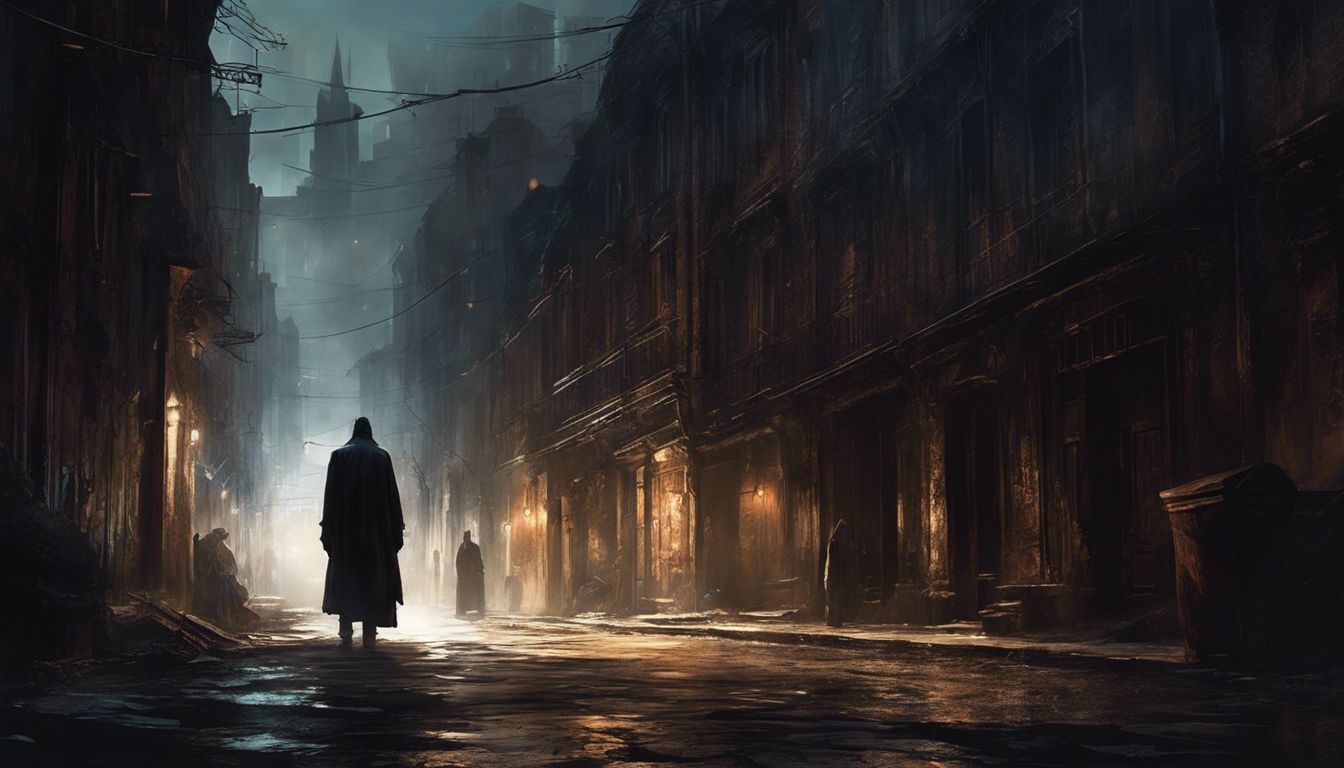 A figure stands alone in a dark alley, surrounded by shadowy figures.