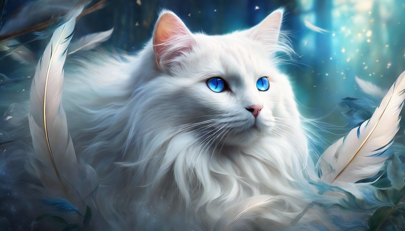 A white cat surrounded by angelic feathers in a natural setting.