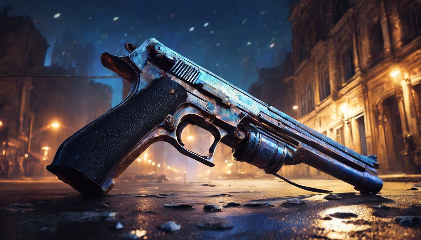 An abandoned gun in a deserted city street at night.