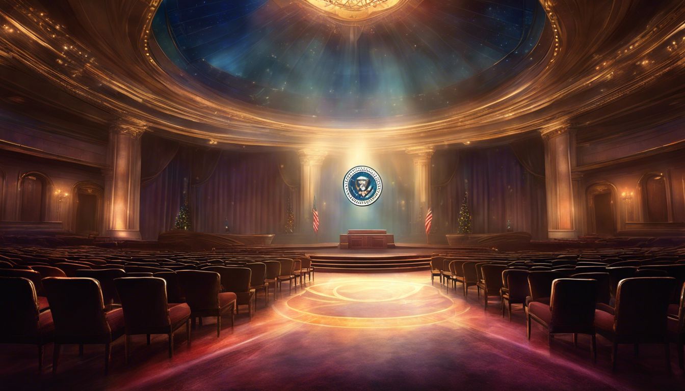 An empty podium with presidential seal in deserted auditorium.