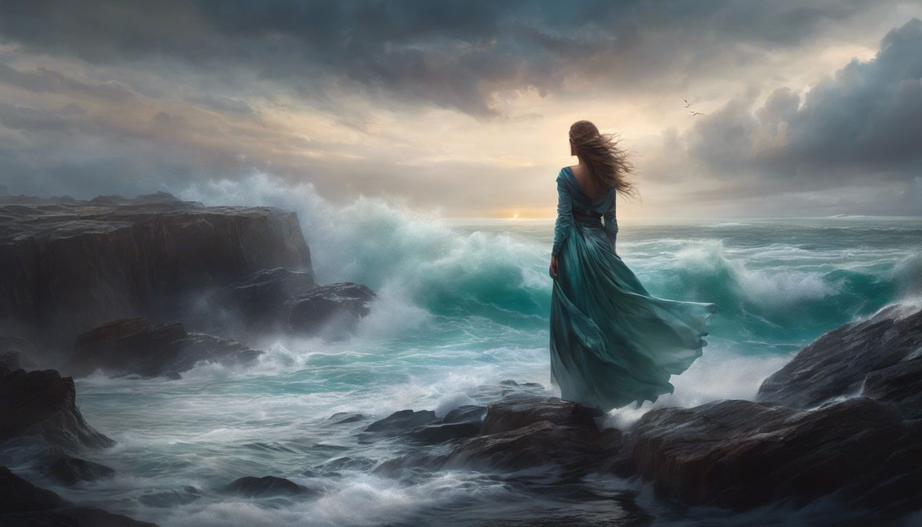 A woman stands on a rocky shore, contemplating the stormy sea.