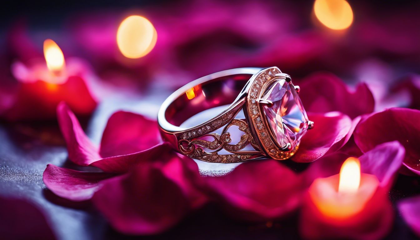 A stunning engagement ring resting on rose petals in candlelight.