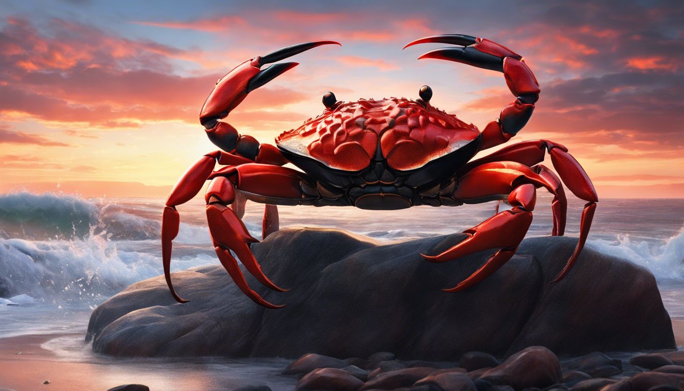 A colorful crab on a rocky shore at sunset, with crashing waves.