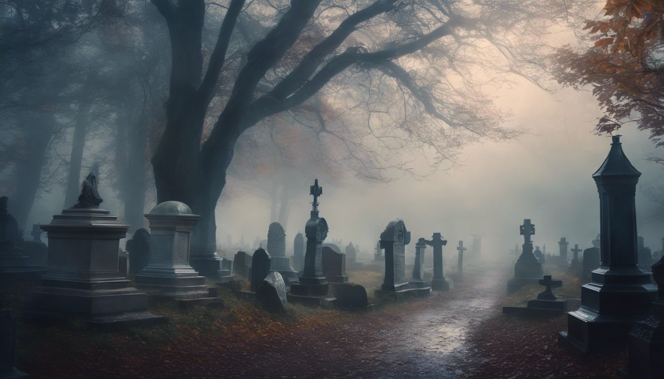A peaceful cemetery on a misty morning.