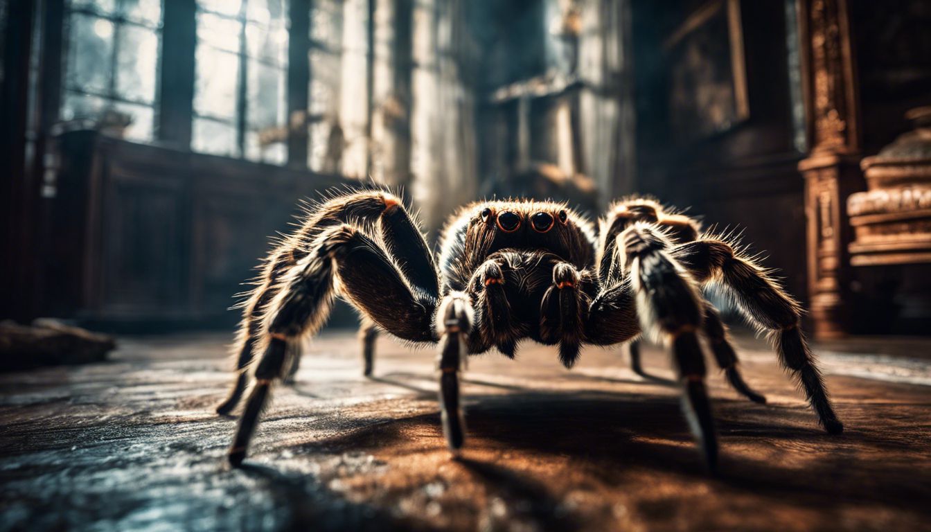 Detailed close-up of a giant tarantula in a dimly lit room.
