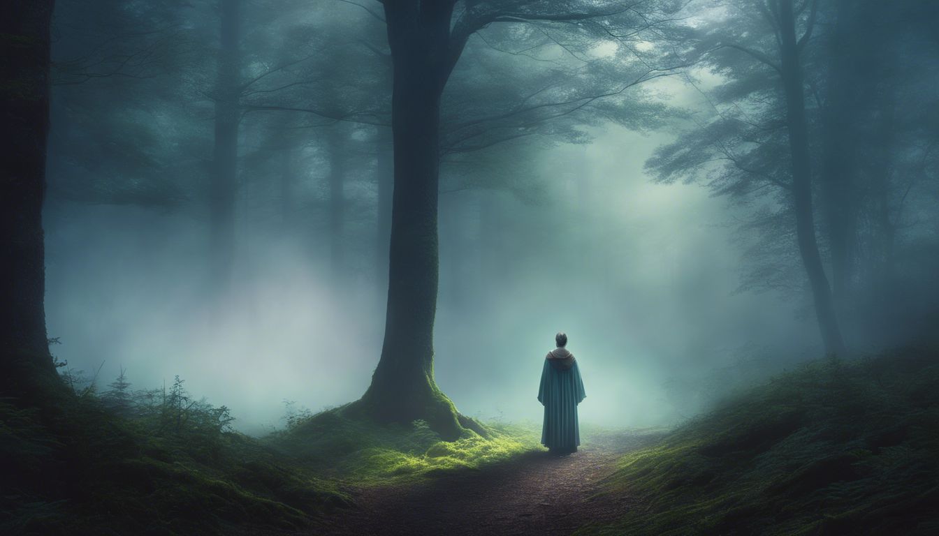 A person stands in a foggy forest clearing, deep in thought.