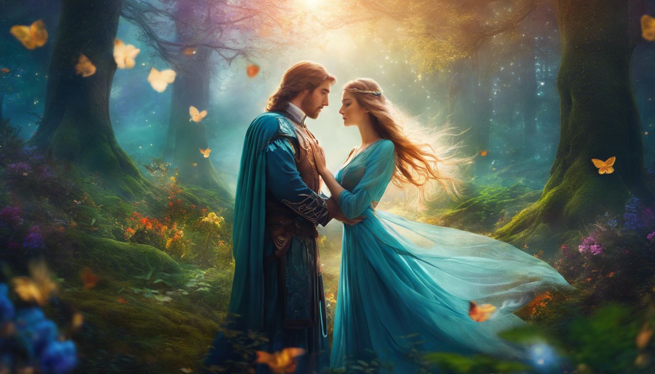 A couple embraces in a peaceful forest clearing surrounded by nature.
