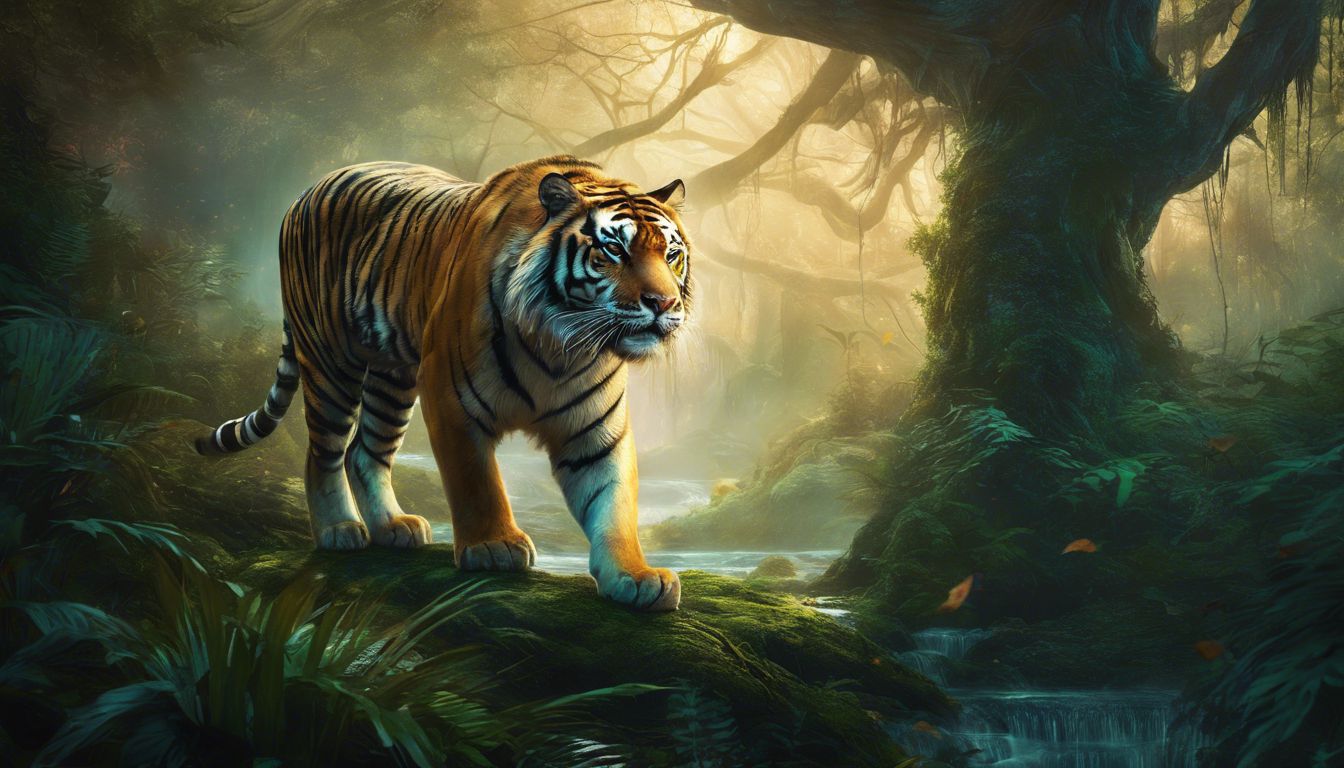 A powerful tiger prowls through a mystical forest with detailed flora.