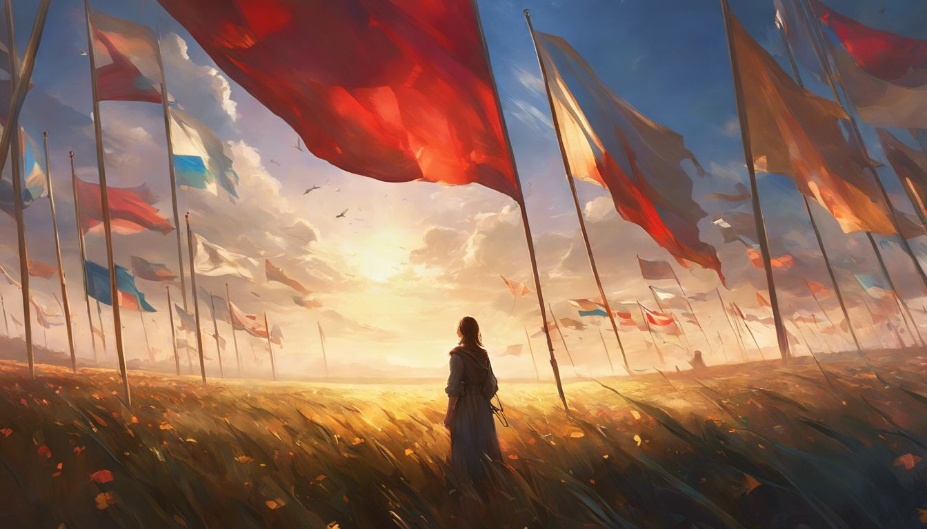 A person gazes up at flags in a vast open field.