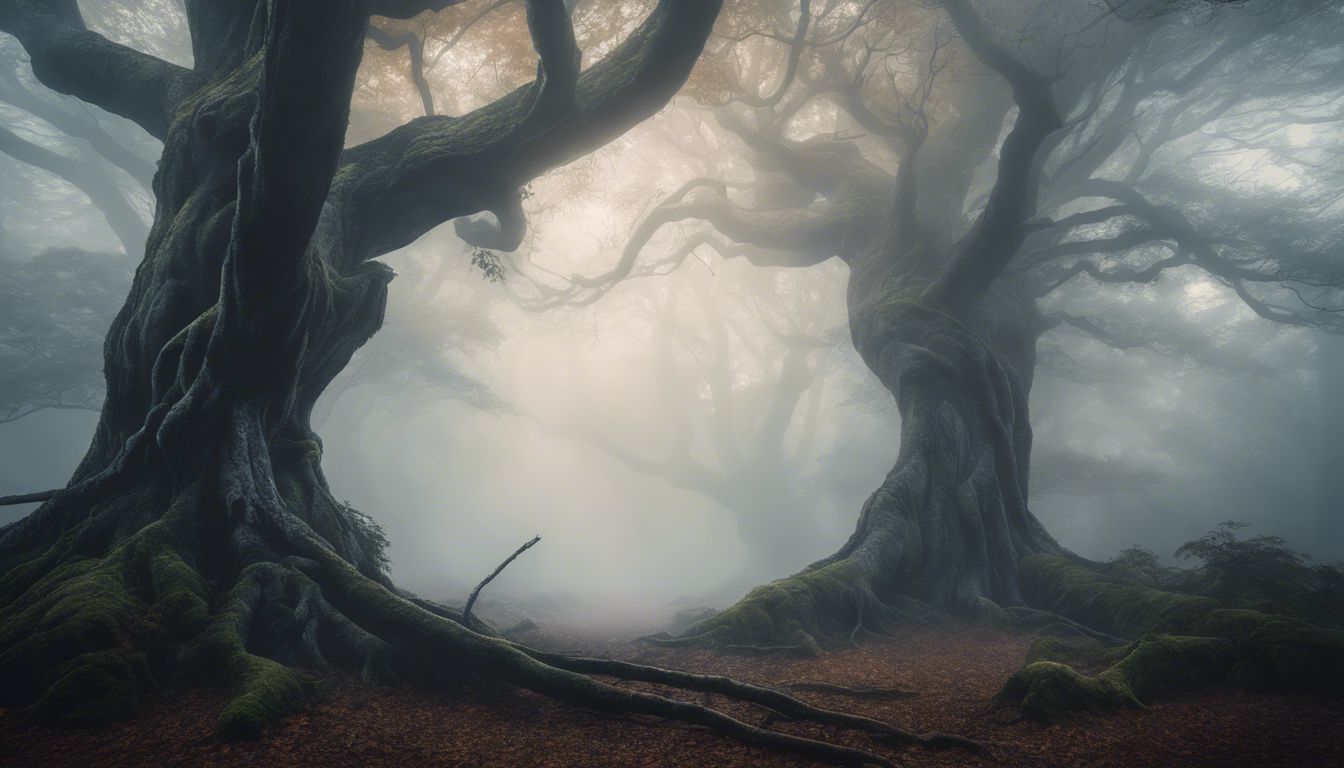 An enchanting misty forest with intertwined trees and dense fog.