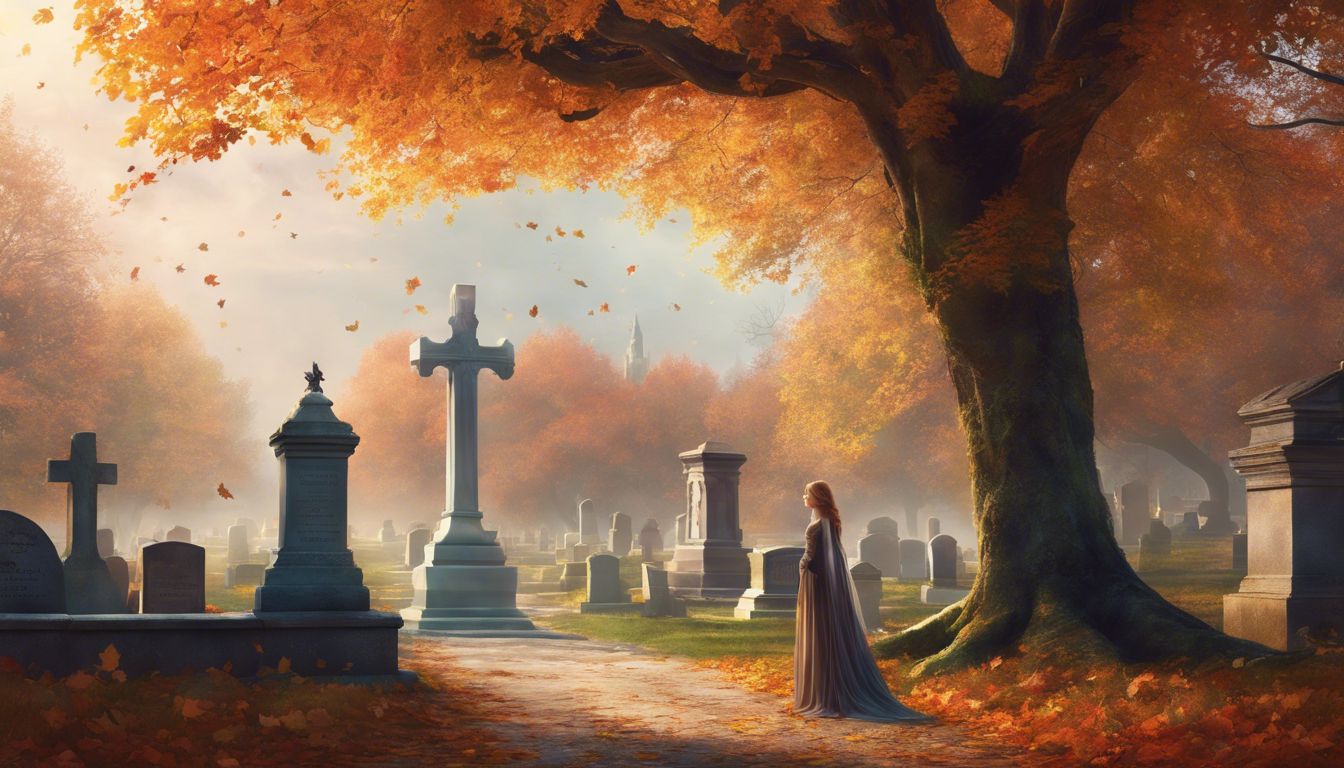 A person standing in a serene cemetery surrounded by autumn leaves.