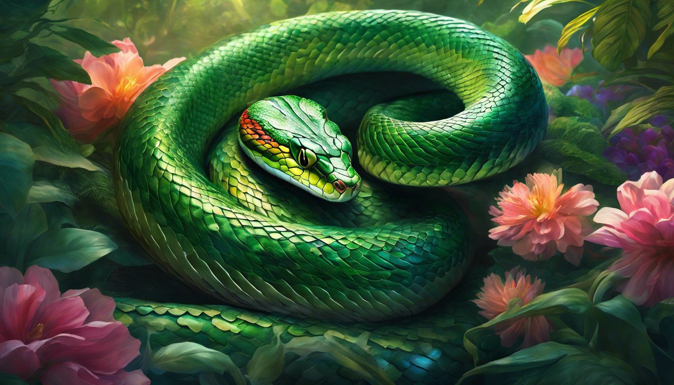 A green snake in a vibrant garden surrounded by blooming flowers.
