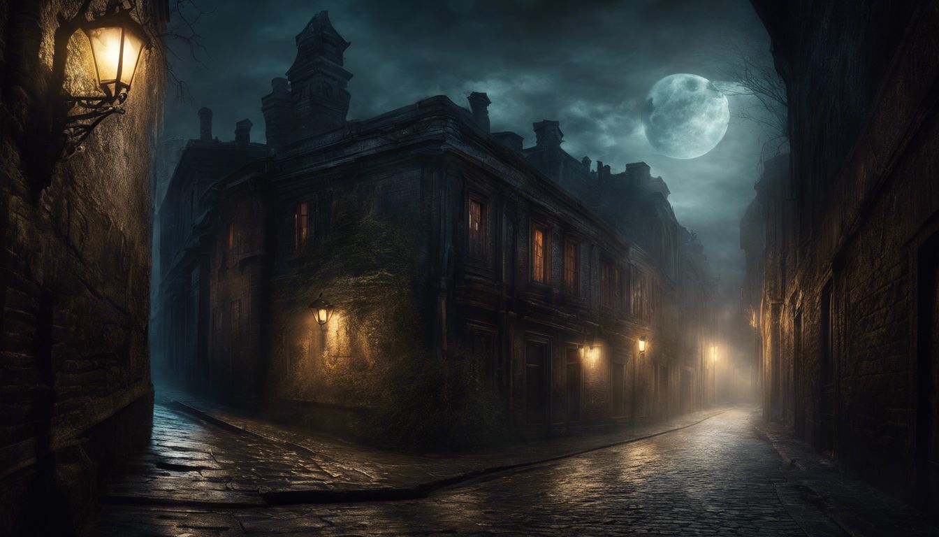 A dark alley in the city casts eerie shadows.