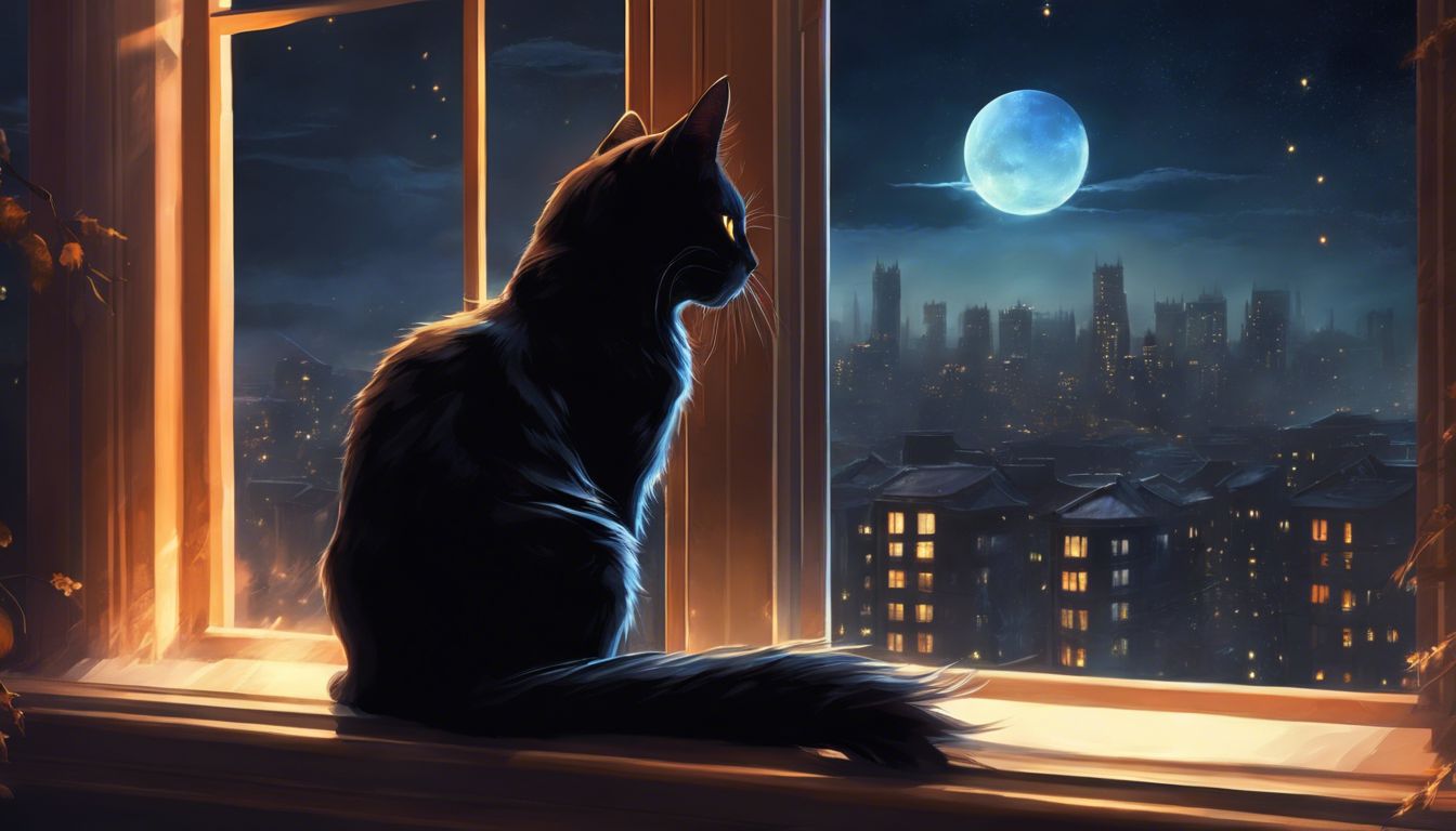A black cat with intense gaze sits on a city windowsill.