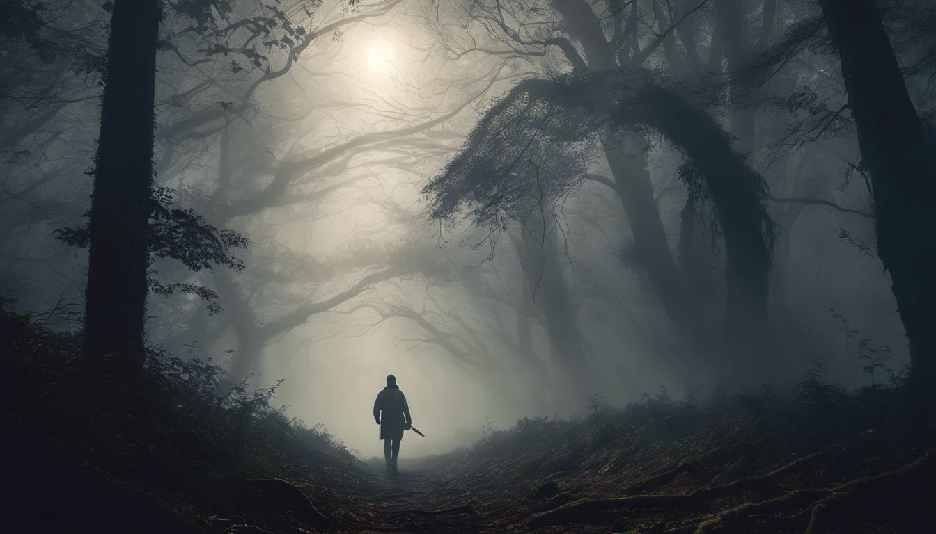 A person cautiously walks through a misty, eerie forest with centipedes.